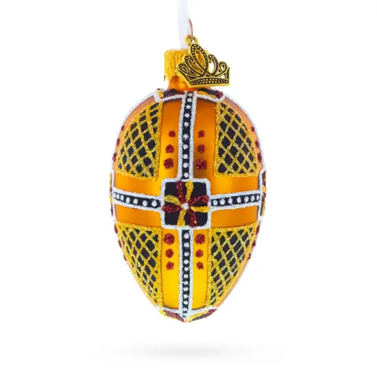 Amber with Red, Black, and Gold Geometric Pattern Mini Glass Egg Ornament 2.9 Inches {3}