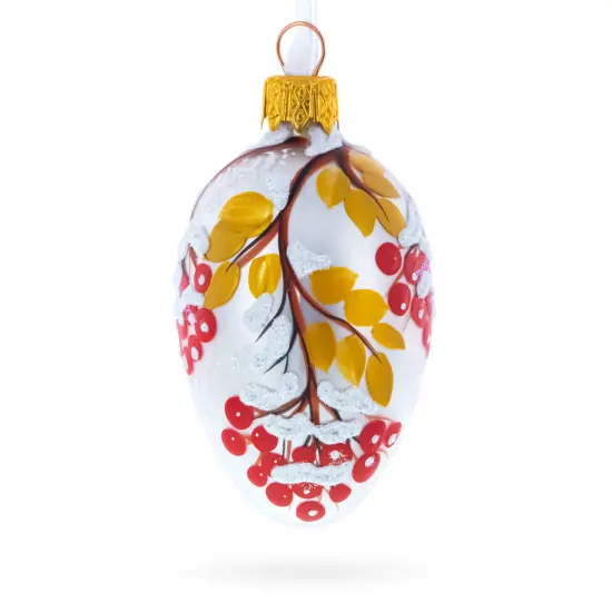 Frosted White with Red Berry and Snow-Covered Branch Design Mini Glass Egg Ornament 2.9 Inches {1}