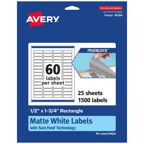 Avery TrueBlock Matte White Paper Labels,1/2" x 1-3/4" Rectangle {1}