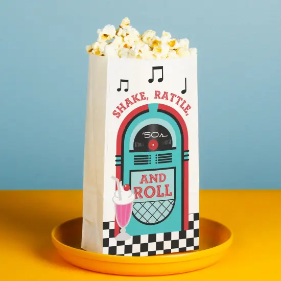 Big Dot of Happiness 50's Sock Hop Popcorn Bags, 1950s Rock N Roll Party Favor Snack Treats, Free-Standing Individual White Paper Bags - 25 Count {3}