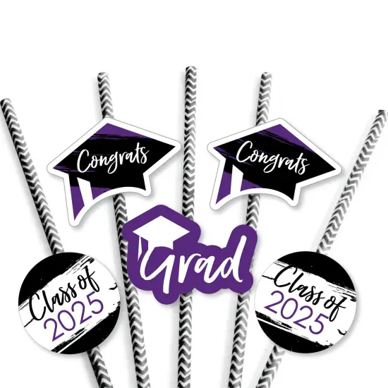 Big Dot of Happiness Purple 2025 Graduation Paper Straw Decor - Party Striped Decorative Straws - Set of 24 {7}