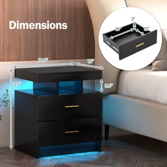 Costway LED Nightstand Set of 1/2 with 2 Storage Drawers Adjustable Light Mode Remote Control {3}