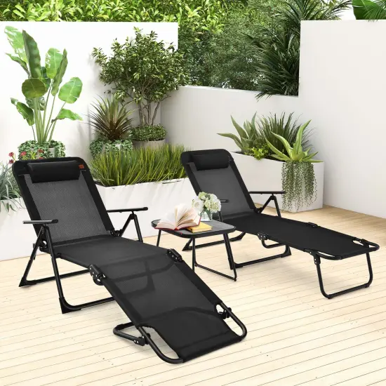 Costway 3pcs Patio Folding Chaise Lounge Chair PVC Tabletop Set Outdoor Portable Beach {4}