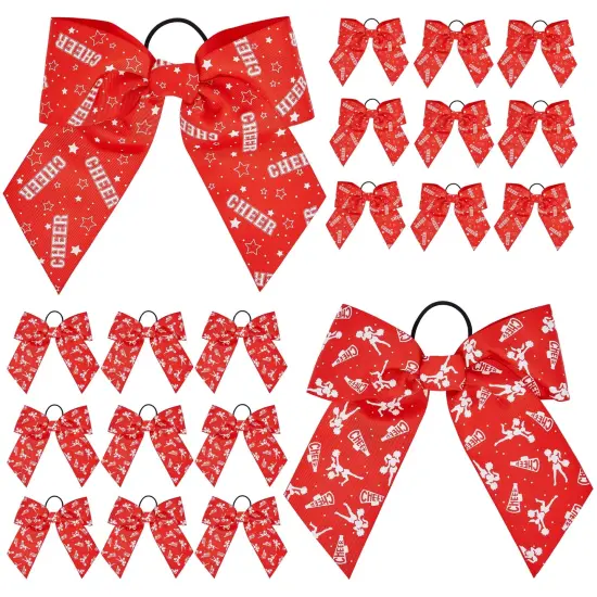 20 Pack 8 Inch Cheer Bows for Cheerleaders, Elastic Ponytail Holders for Women and Girls, Large Bulk Polyester Hair Ribbons for Softball, Volleyball, Gymnastics (2 Designs, Red) {1}