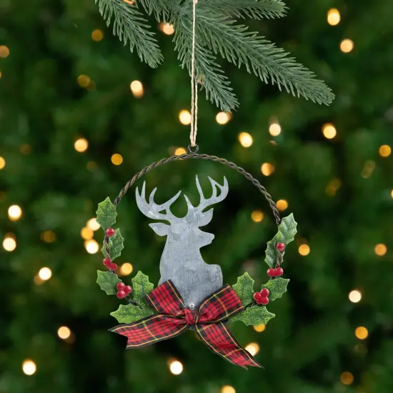 Northlight Moose with Plaid Bow Christmas Wreath Ornament - 5.5" Green {1}