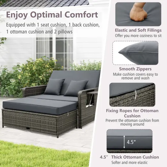 Costway Wicker Loveseat Sofa Set Patio Rattan Daybed with Ottoman & Retractable Side Tray {4}