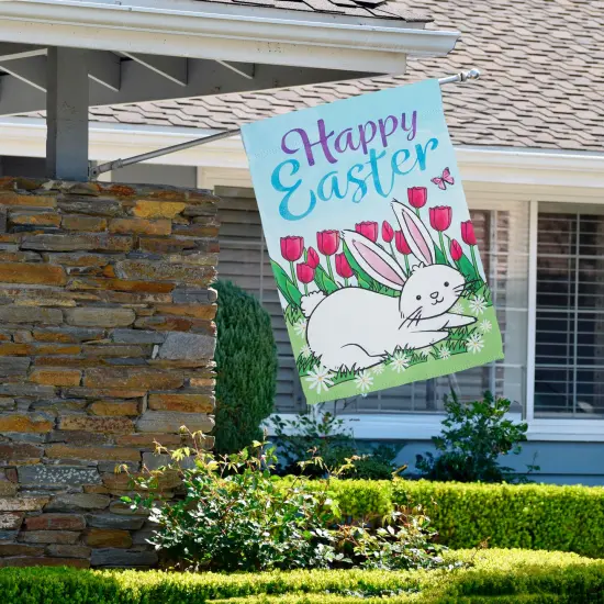 Northlight Tulips Happy Easter Bunny Outdoor House Flag - 28" x 40" Blue {4}