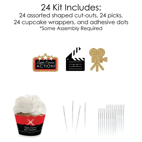 Big Dot of Happiness Red Carpet - Cupcake Decoration - Movie Night Party Cupcake Wrappers and Treat Picks Kit - Set of 24 {6}