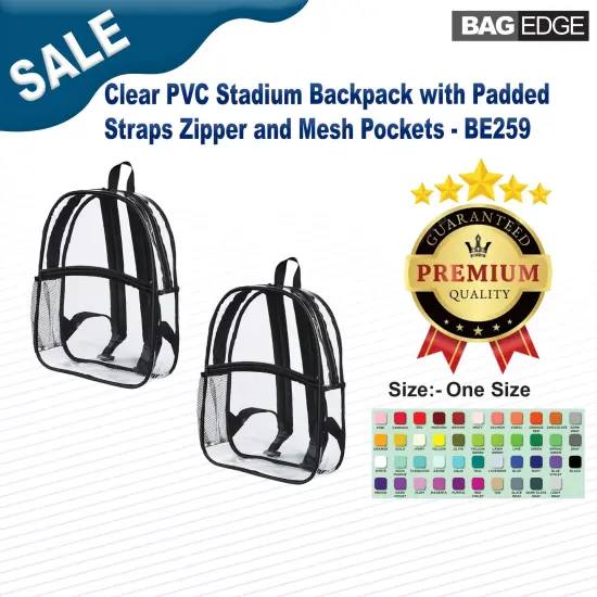 BAGedge&reg; Clear PVC Stadium Backpack with Padded Straps Zipper and Mesh Pockets {1}