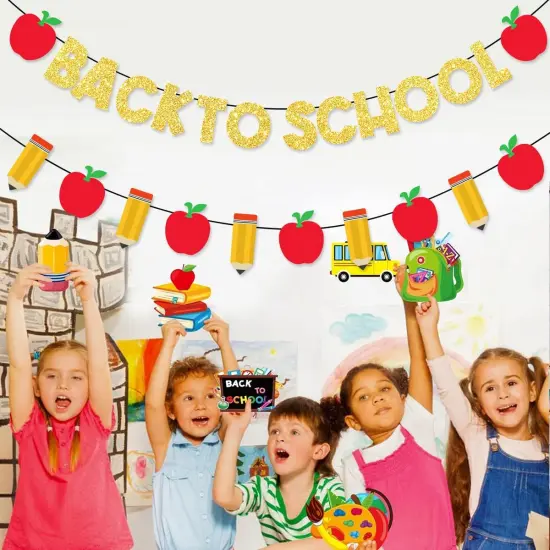 Pre-Strung Welcome Back to School Decorations Banner Gold Glitter {4}