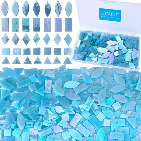 LITMIND Iridescent Glass Mosaic Tiles for Crafts, 240 Pieces 5 Shapes Mixed Stained Glass Sheets, Mosaic Kits for Adults (Iridescent Aqua) {1}