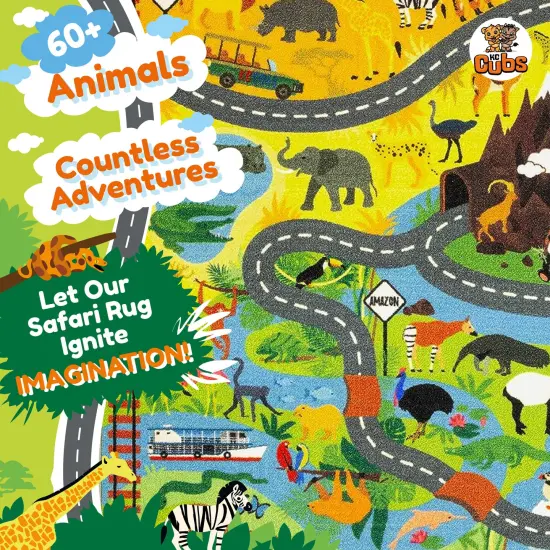 KC Cubs: Educational Rug: Animal Safari Road Map - 3x5' Playmat - Interactive Toy Car Route, Activity Area Carpet, Bedroom-Classroom, Baby-Toddler-Kid {6}