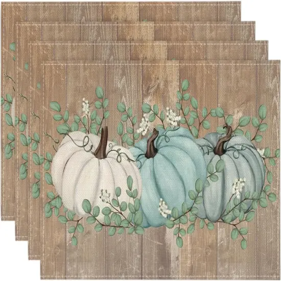 Set of 4 Pumpkins Fall Placemats - 12x18 Inch (Blue Leaves/Wood) {1}