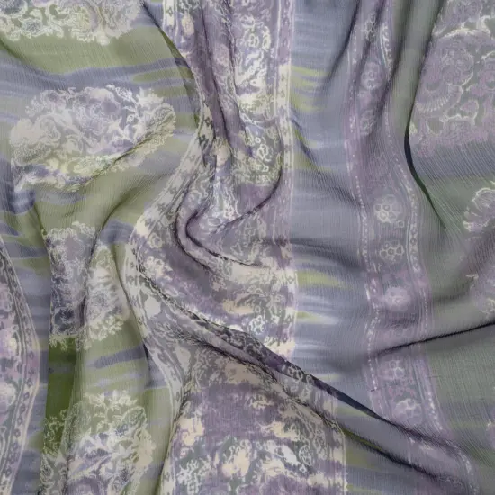 1 Yard Eggplant, Olive and Plum Medallion Striped Crinkled Silk Chiffon Designer Fashion Textile 54 inch Width {2}
