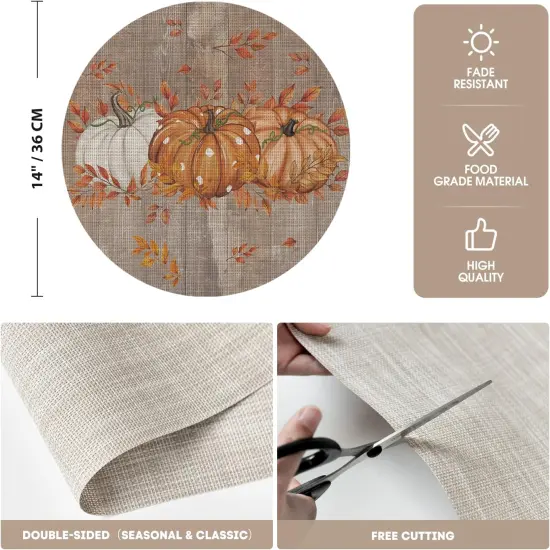 Set of 4 Maple Leaves with Pumpkins Round Fall Placemats - 14 Inch (Wood/Orange) {3}
