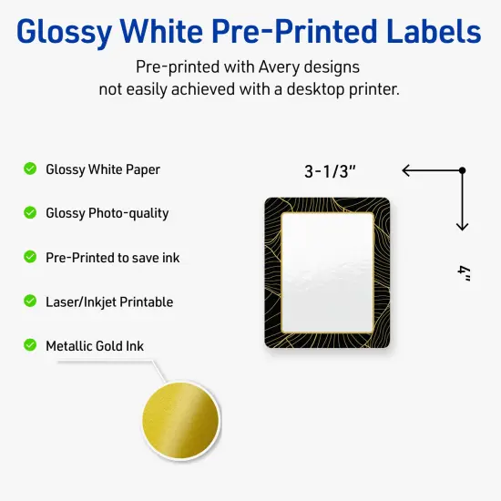 Avery Printable Rectangle Labels with Sure Feed Technology, Pre-Printed Black Border with Gold Pattern, Glossy White, 4" x 3-1/3", Laser & Inkjet Compatible, 40 Total {2}