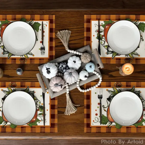 Set of 4 Orange Pumpkin Plaid Fall Placemats - 12x18 Inch (Orange) {3}