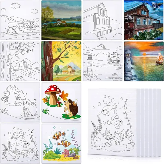 12 Pcs Pre Drawn Canvas - 4 x 4 Inch (Village and Sea Style) {1}