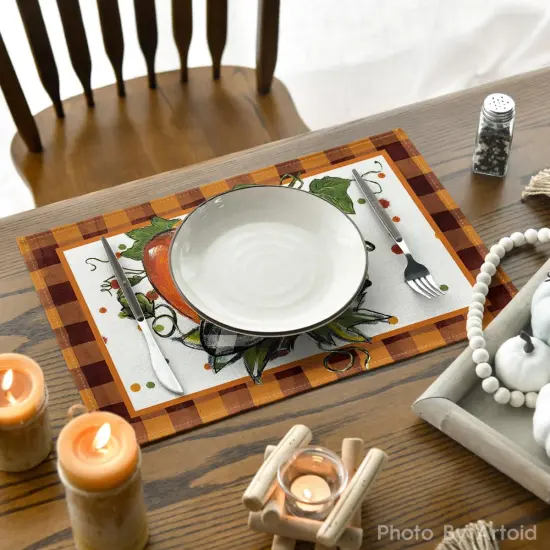 Set of 4 Orange Pumpkin Plaid Fall Placemats - 12x18 Inch (Orange) {4}
