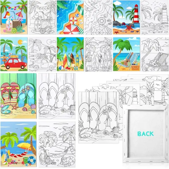 8 Pack Pre Drawn Stretched Canvas - 8x10 Inch (Summer Beach) {1}