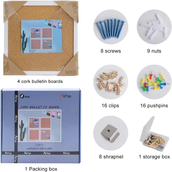 4 Pack Cork Bulletin Board with Push Pins and Wood Clips - 12x12 (White Framed) {5}