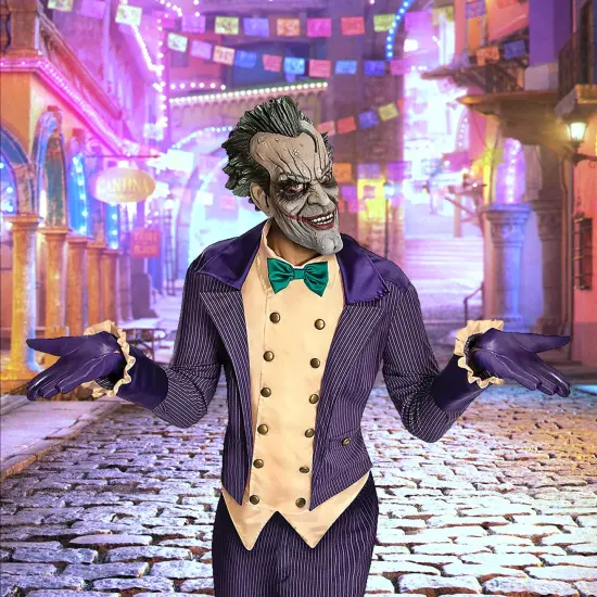 Men Arkham City Joker Costume with Mask Gloves and Jacket Set {4}