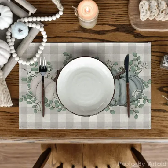 Set of 4 Pumpkins Eucalyptus Leaves Fall Placemats - 12x18 Inch (Blue) {2}