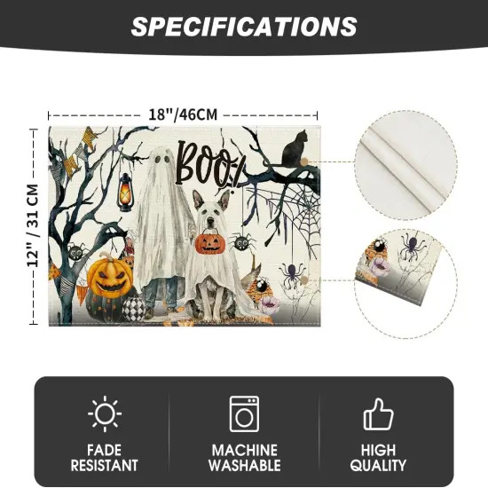 Set of 4 Ghost Pumpkins Halloween Placemats - 12x18 Inch (Black/Beige) {5}