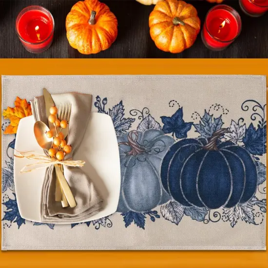 Set of 4 Fall Pumpkin Placemats - 12x18 Inch (Blue) {2}