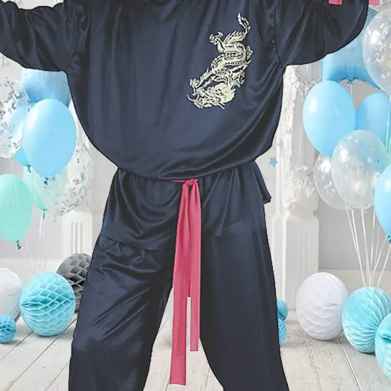 Mens Ninja Fighter Costume with Gold Dragon Print and Red Sash Detail {3}