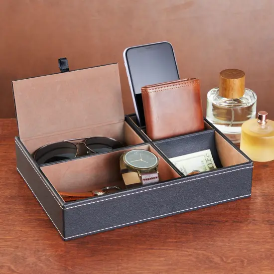 Black Valet Tray for Men, 5 Compartments for Wallet, Phone, Keys (Faux Leather, 10 x 7.3 x 2 In) {2}