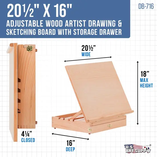 Large 20-1/2" x 16" Adjustable Wood Art Drawing Board - 5 Angles, Beechwood Construction, Pencil Ledge, T-Square, Locking Storage Drawer - Ideal for Design, Drafting & Architecture {2}