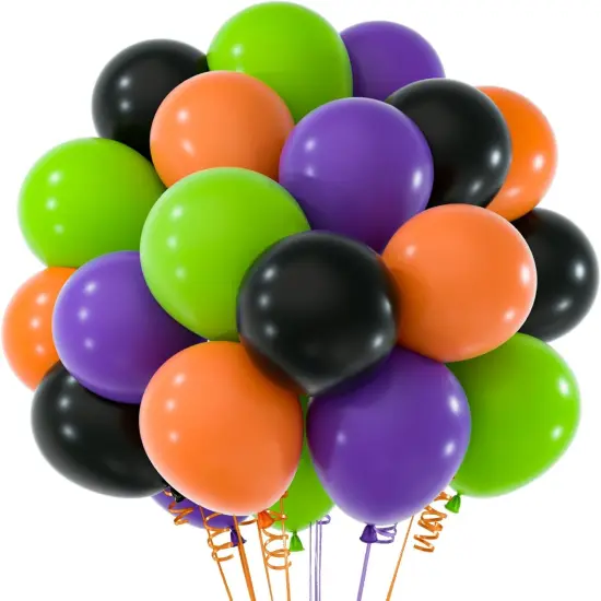 60Pcs Halloween Party Balloons Kit with Ribbons - 12" (Black, Orange, Green, Purple) {1}