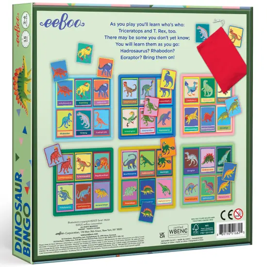 eeBoo: Dinosaur Bingo - Prehistoric Theme Classic Matching Board Game, Colorful Illustration Card Tiles, Learn Dinosaur Names, Kids 5+, 2-6 Players {3}