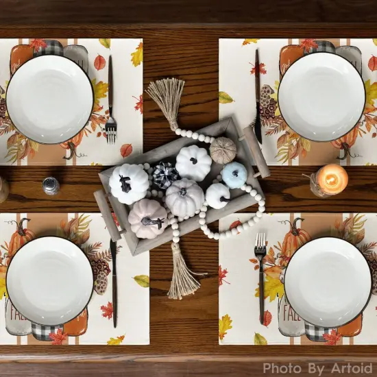 Set of 4 Vases with Hello Fall Placemats - 12x18 Inch (Beige/Orange) {3}