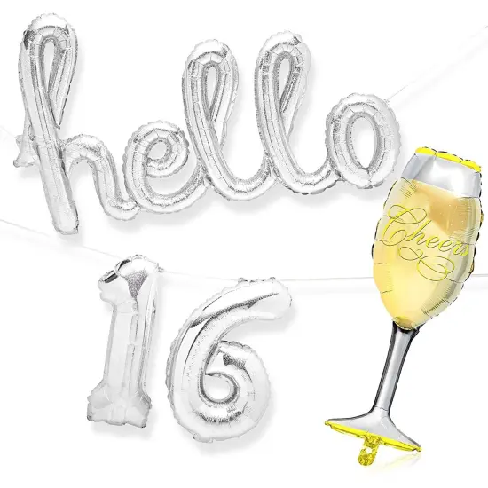 16th Birthday Balloons, Hello 16 (Holographic, 8 Pieces) Silver {1}