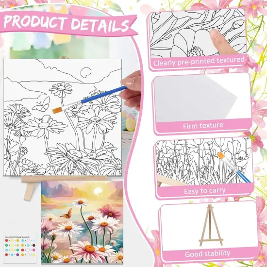 12 Sets Pre Drawn Canvas Kit with Design Easel and Brushes (Flower) {3}