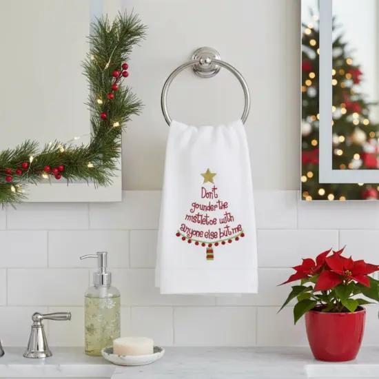 Christmas Tree Motif "Don't Go Under the Mistletoe" 100% Cotton Guest Towel {3}