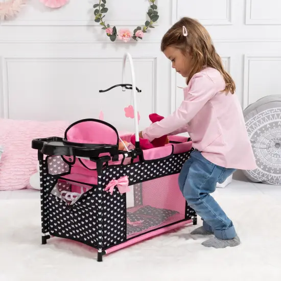 Bayer: Multi Bed - Black, Pink, Hearts - Accessory Set for Dolls Up to 18", Built-in High Chair, 3 Hangers, Pillow, Blanket, Kids Ages 3+ {6}