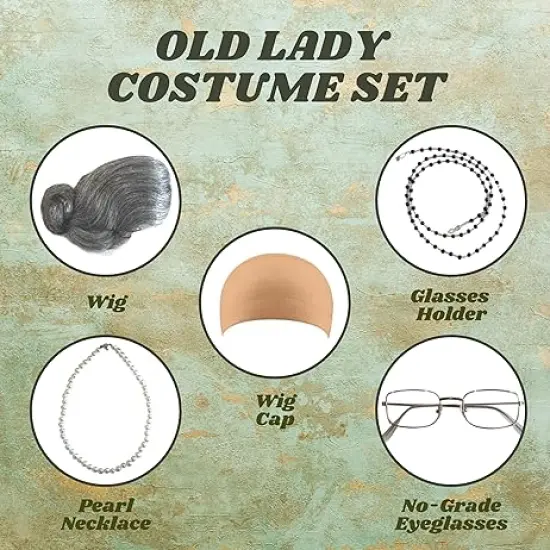 4E's Novelty Old Lady Costume for Kids 7 Pcs Set - for 100 Day of School Grandma Costume for Girls, Gray Curly Wig, Cane, Granny Glasses with Chain Dress Up Accessories {4}
