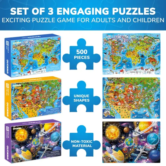 500 Pcs Puzzles for Adults 3 Set | USA, World Maps & Space {3}