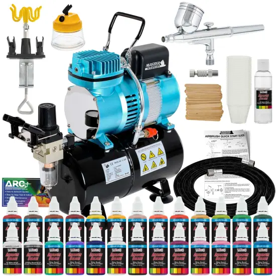 Cool Runner II Dual Fan Air Tank Compressor System Kit with Gravity Feed Airbrush, 24 Color Acrylic Paint Artist Set, Hose, Cleaning Pot, How-To Guide {1}