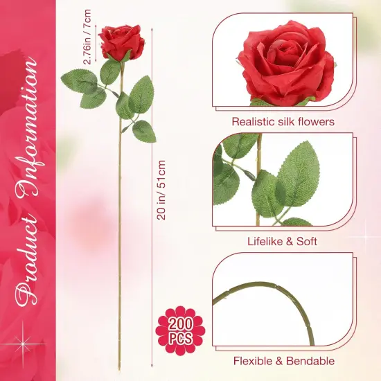 200 Pcs Artificial Roses Realistic Flower Bouquets (Red) {2}
