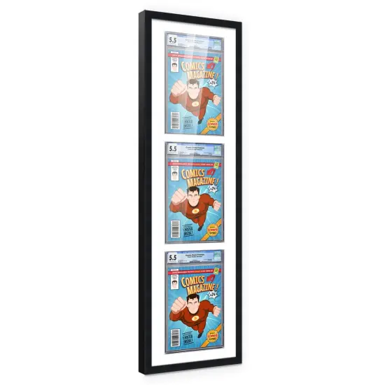 Comic Book Frame with Mat for 3 Graded Comics - Black Wood Comic Frame With White Mat for 8.125x13 Comics - 11.75x43.5 Frame Size {7}