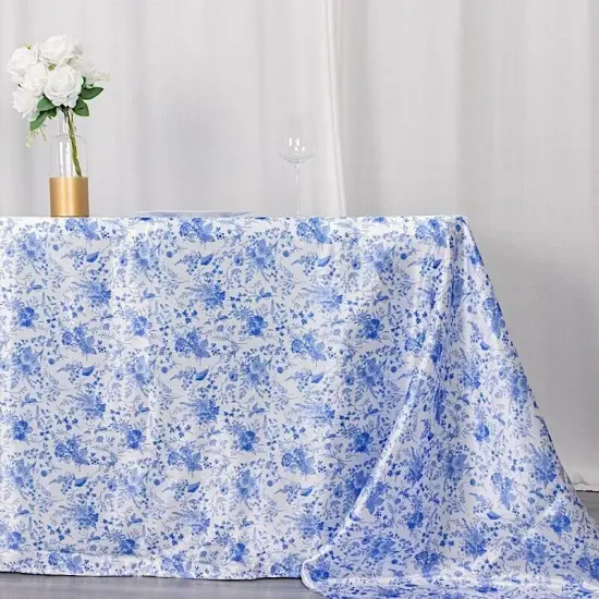 90" x 156" White Blue Floral Satin Rectangular Tablecloth Party Home Decorations {2}