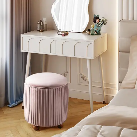 Modern Dusty Pleated Velvet Upholstered Storage Ottoman or Accent Stool with Rubberwood Ball Feet Pink {4}
