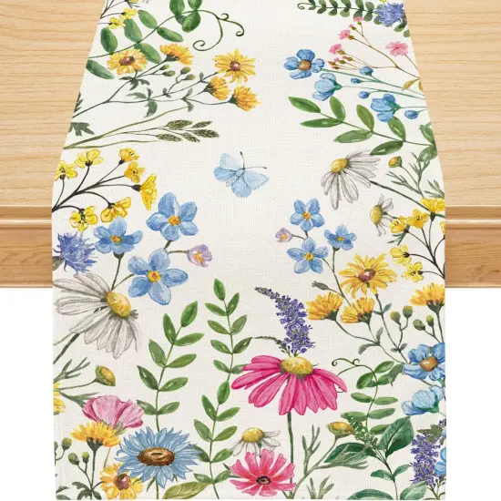 Spring Table Runner, Wildflowers Floral Butterfly Table Decoration Seasonal Summer Home Kitchen Dining Table Indoor Outdoor Farmhouse Decor 13x72 Inch {1}
