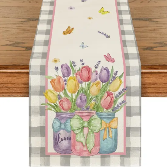 Buffalo Plaid Vase Lavender Tulip Spring Table Runner, Seasonal Kitchen Dining Table Decoration for Home Party Decor 13x72 Inch {1}