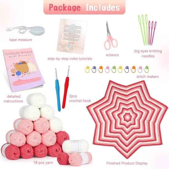 Crochet Granny Square Star Blanket Kits w/Step-by-Step Video Tutorials-Complete Beginner Crocheting Kit for Adults Kids-Easy {2}