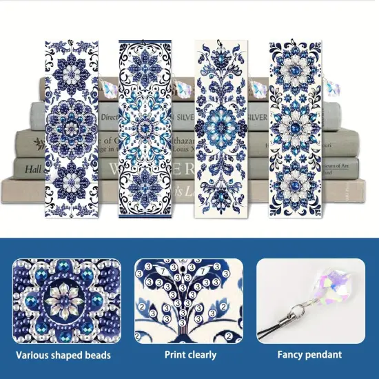 4pcs Diamond Painting Bookmark Set - Blue and White Porcelain Pattern {4}